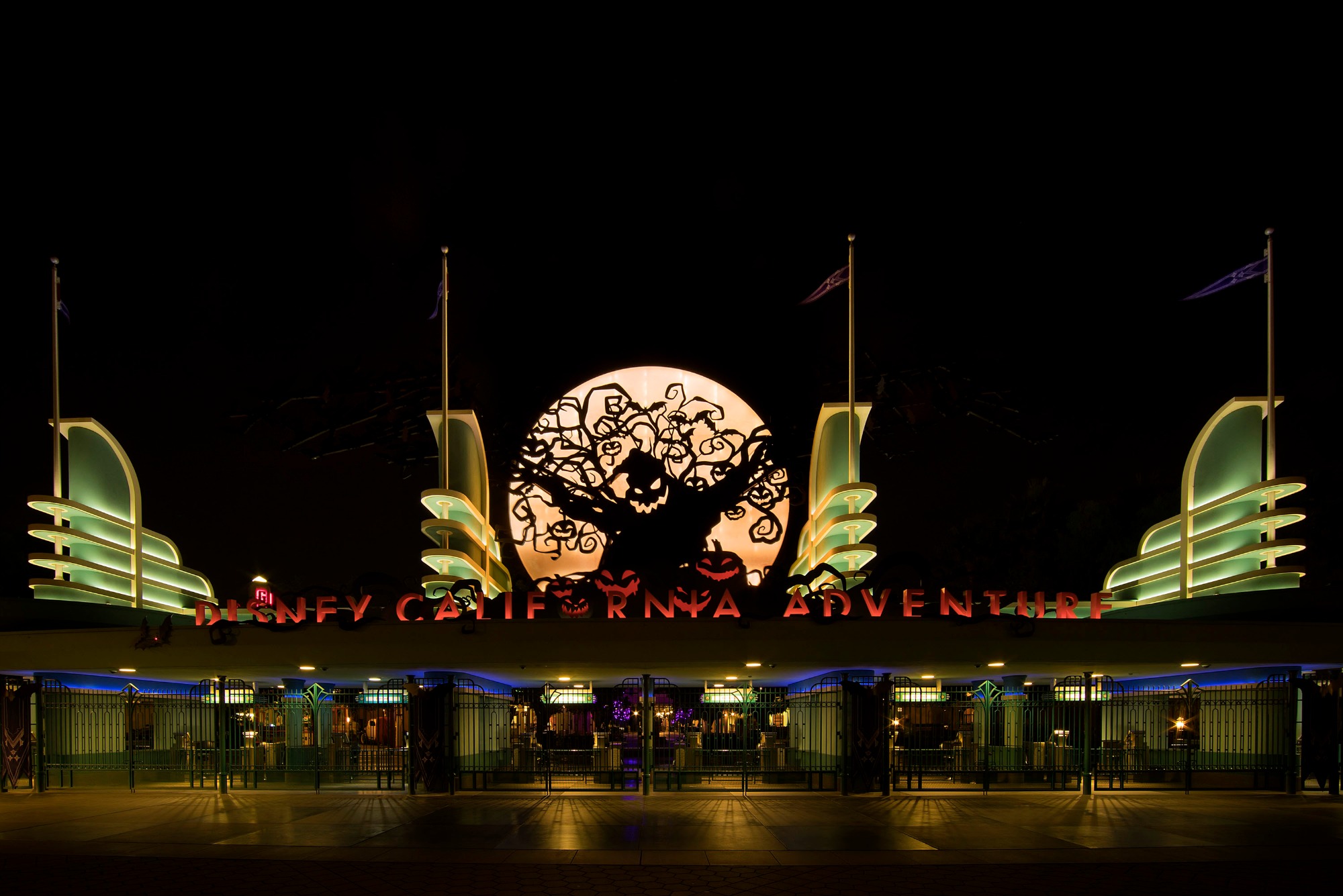 HALLOWEEN TIME COMES TO DISNEY CALIFORNIA ADVENTURE PARK -- Oogie Boogie takes over Disney California Adventure with his twisted tale of a forever Halloween, inspired by ÒTim BurtonÕs The Nightmare Before ChristmasÓ during Halloween Time at the Disneyland Resort. Oogie BoogieÕs oversized silhouette beckons guests through the main entrance of Disney California Adventure park and he brings to life a swarm of bats around Carthay Circle Restaurant and Lounge. (Joshua Sudock/Disneyland Resort)